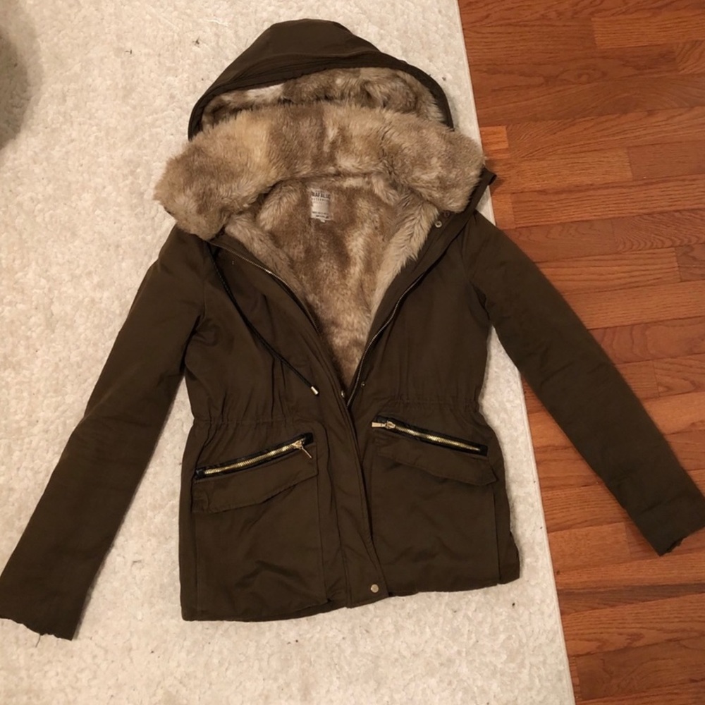 Zara Army Green Jacket Gold Hardware & Faux Fur S